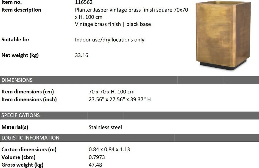 Ghiveci, Vas decorativ din otel inoxidabil Jasper 70x70cm