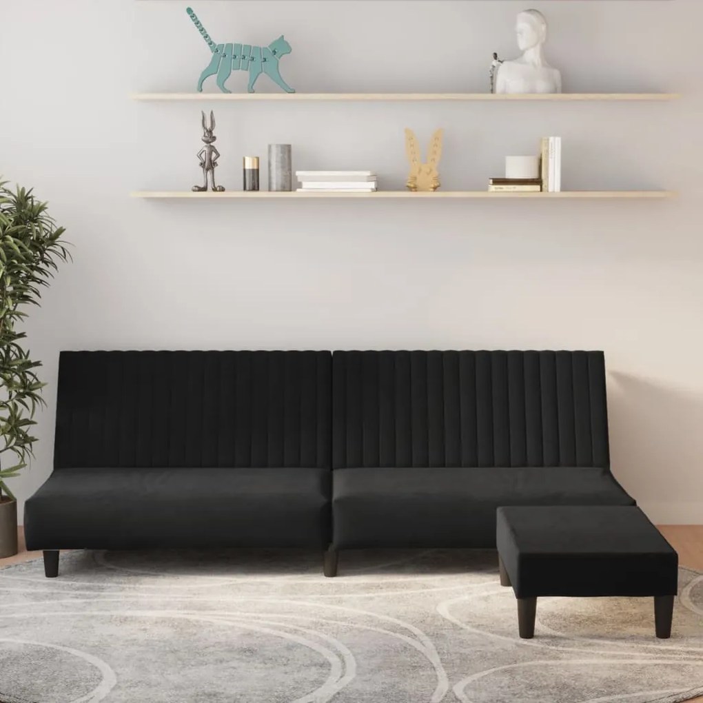 3081860 vidaXL Canapea extensibilă cu taburet, 2 locuri, negru, catifea