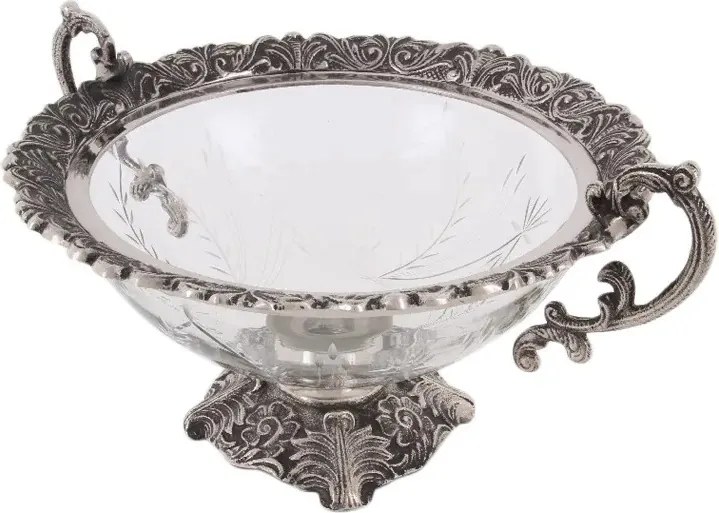 Bol decorativ din sticlă gravată și aluminiu, argintiu, cu mânere și picior decorat, finisaj antichizat, 24 x 48 x 38 cm, „Cristalline”