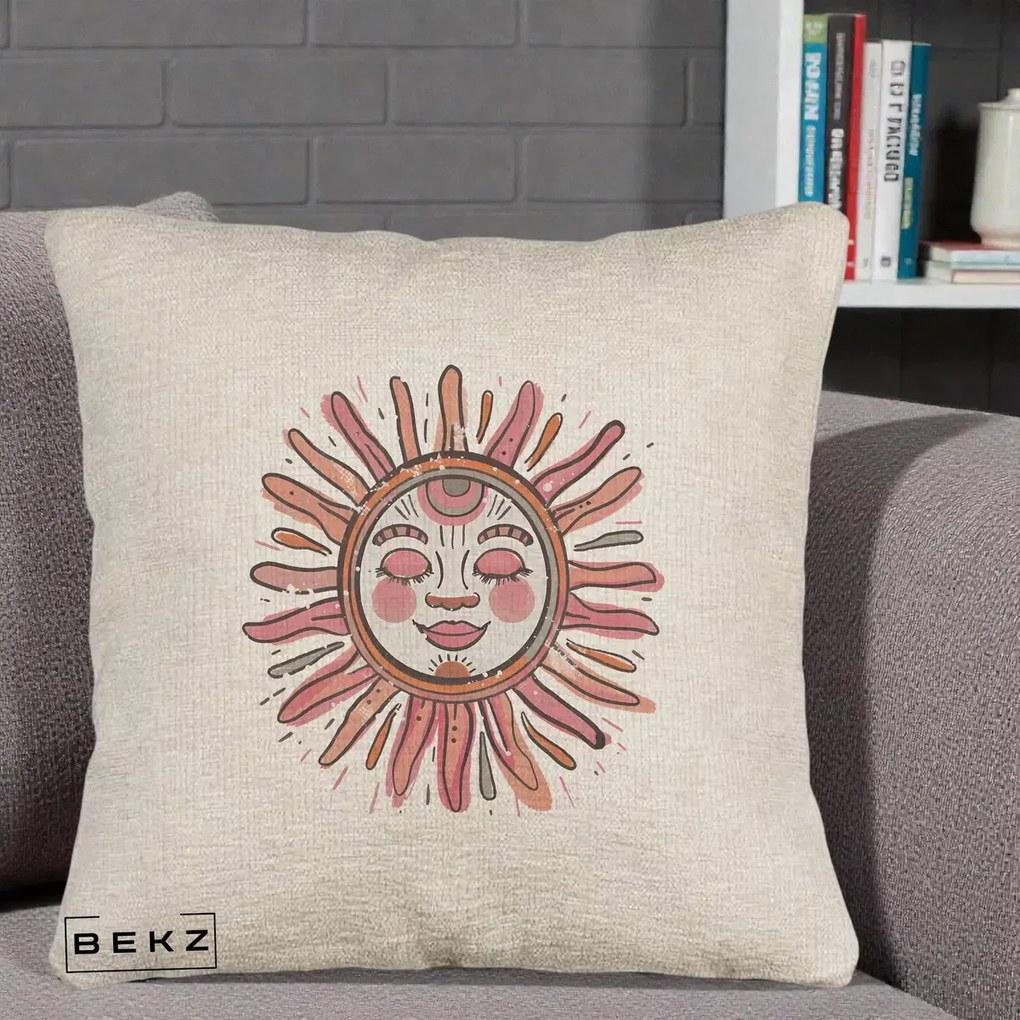 Perna Decorativa Soare Roz Tribal, 40x40 cm, Bej Canapea, Husa Detasabila, Perna Inclusa, BEKZ®