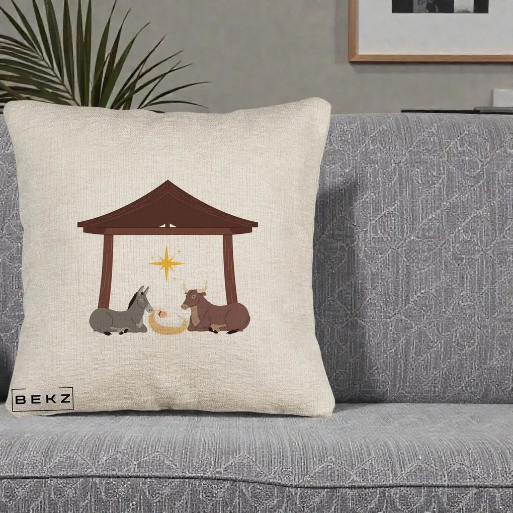 Perna Decorativa Ieslea din Betleem cu Iesle Asin si Bou, 40x40 cm, Bej Canapea, Husa Detasabila, Perna Inclusa, BEKZ®