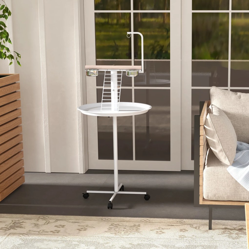 PawHut Manoniera pentru păsări pe suport cu 4 role perche 2 bols detasabile tava rotundă din oțel inoxidabil Ø 60 x 138A cm alb | Aosom Romania