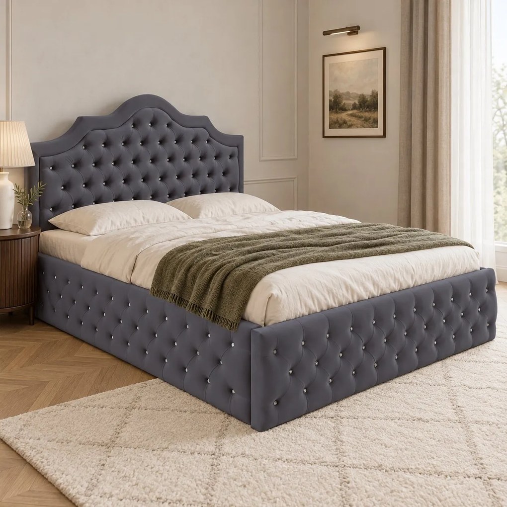 Pat tapițat Chesterfield din catifea Imperio Deluxe 160×200 cm, gri închis, cu ladă de depozitare