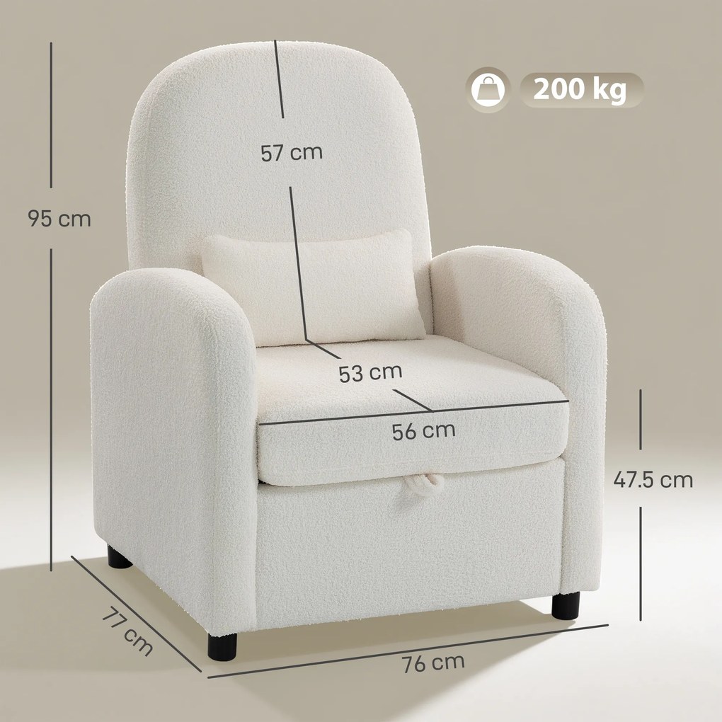 HOMCOM Fotoliu Tapițat cu Spațiu Ascuns, Spătar Înalt, Fotoliu Modern cu Brațe și Pernă Lombară, Material Teddy, pentru Dormitor și Sufragerie, Crem | Aosom Romania