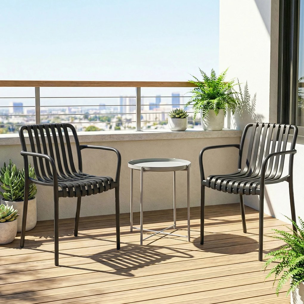 Set 4 Scaune de Grădină Outsunny Stivuibile din PP Rezistent la Razele UV, Scaune de Luat Masa pentru Exterior cu Spătar Ergonomic cu Lamele și Brațe, pentru Terasă, Balcon, Grădină, 55x58,5x81,5 cm, Negru | Aosom Romania