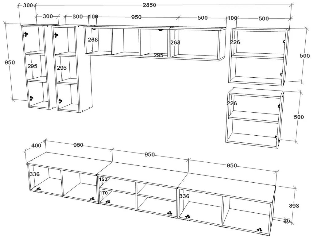 Living Kos V1, Negru/Alb Lucios, MDF, L 285 cm