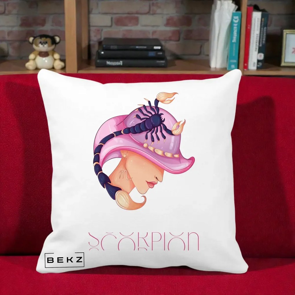 Perna Personalizata Zodiac Scorpion Cowgirl, 40x40 cm, Alba Mata, Husa Detasabila, Perna Inclusa, BEKZ®