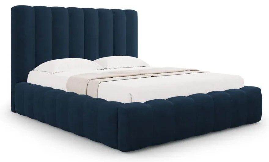 Pat matrimonial albastru închis tapițat cu spațiu de depozitare cu somieră 200x200 cm Kelp – Micadoni Home
