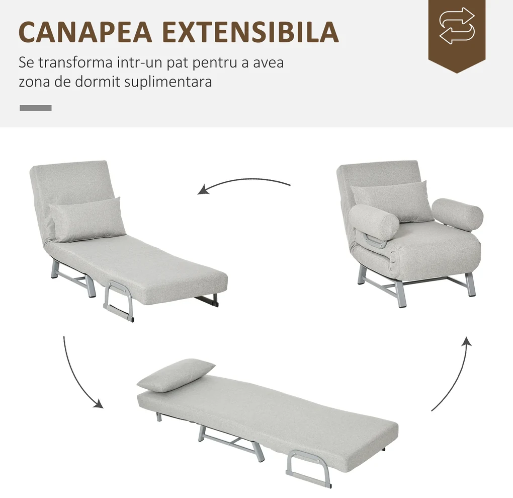 Fotoliu-pat single cu spatar rabatabil pe 5 niveluri si perna suplimentara, din Tesatura si Metal, 73x74x81cm, Gri HOMCOM | Aosom RO