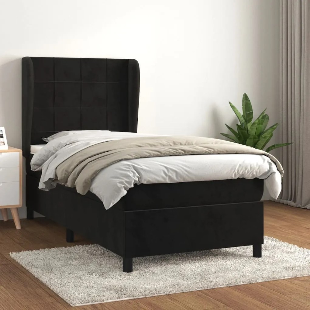 Pat box spring cu saltea, negru, 80x200 cm, catifea Negru, 80 x 200 cm, Cu blocuri patrate