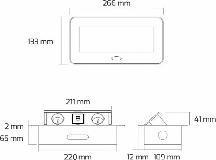 Priză încorporabilă în blat Kombibox Design Light, 3 prize Schuko, aluminiu, 266 x 133 mm Metal, Aluminiu, L:266 mm; l:133 mm