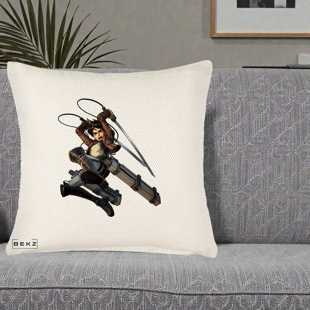 Perna Personalizata Attack on Titan Eren Yeager Lupta, 40x40 cm, Crem Reliefat, Husa Detasabila, Perna Inclusa, BEKZ®