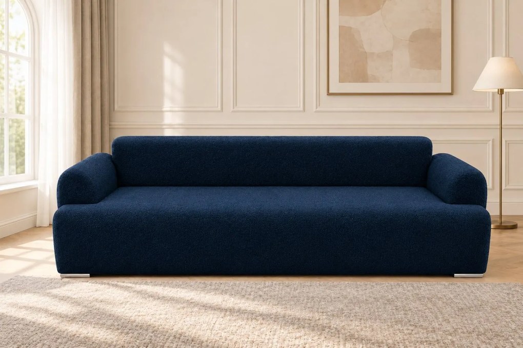 Canapea extensibilă Celeste din boucle, bleumarin, cu ladă de depozitare