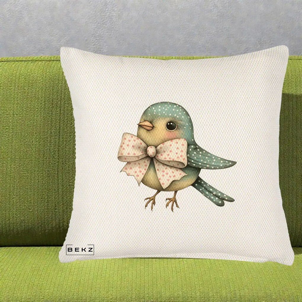 Perna Decorativa Pasare Teal cu Fundita cu Buline, 40x40 cm, Crem Reliefat, Husa Detasabila, Perna Inclusa, BEKZ®