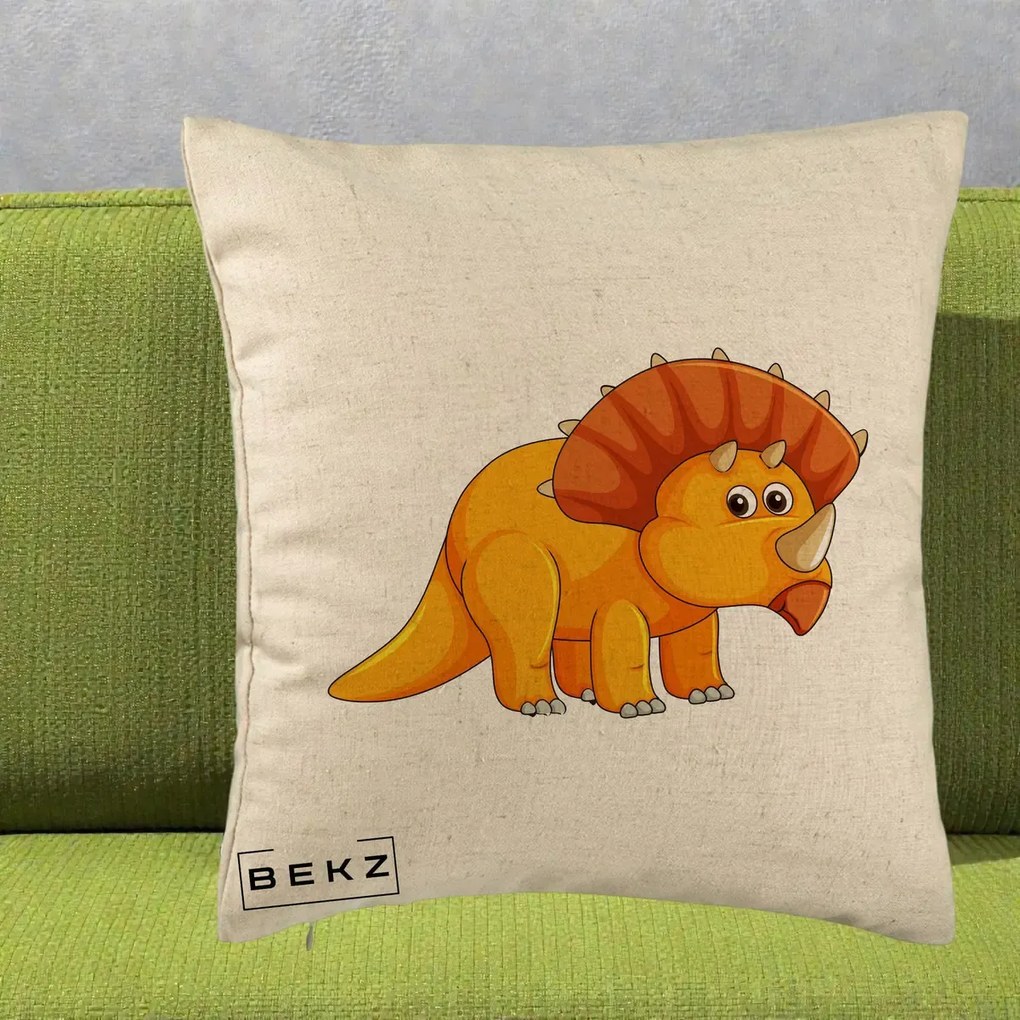 Perna Decorativa Triceratops Portocaliu, 40x40 cm, Bej, Husa Detasabila, Perna Inclusa, BEKZ®