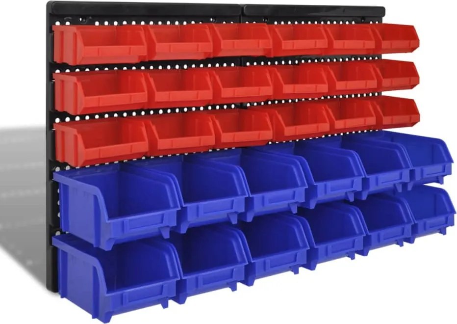 vidaXL Set coș depozitare pt garaj, montat pe perete 30 buc albastru, plastic