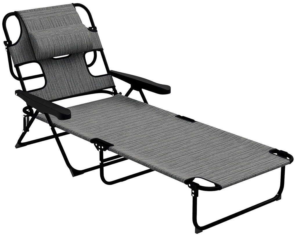 Outsunny Șezlong de grădină pliabil cu spătar reglabil în 4 poziții, orificiu pentru citit și pernă suport cap 72L x 194l x 31H cm Gri | Aosom Romania
