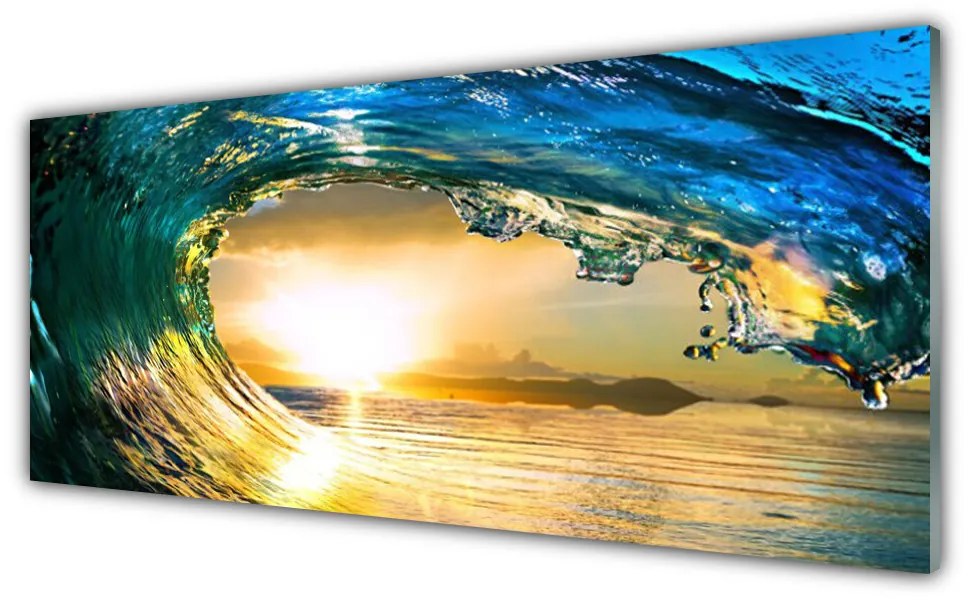 Tablou pe sticla Wave Sea Sunset Natura Albastru Galben