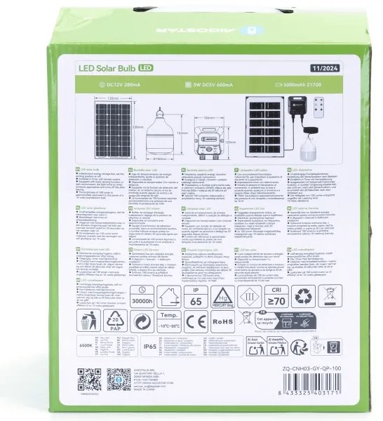 Lustră LED solară cu senzor Aigostar LED/35W/12V 3000 mAh 6500K d. 10 cm