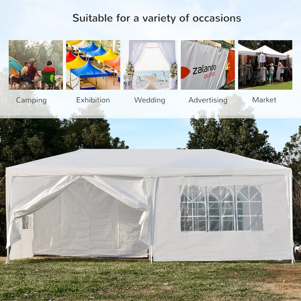 Cort pentru Foisor Outsunny 6x3m cu Pereti Laterali Detasabili, Usi si Ferestre, Metal, Alb | AOSOM RO