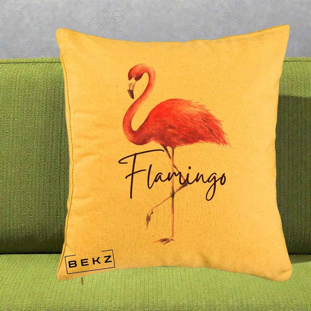 Perna Decorativa Flamingo Acuarela, 40x40 cm, Galben, Husa Detasabila, Perna Inclusa, BEKZ®