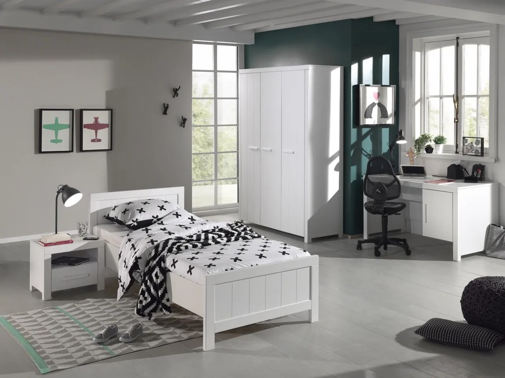 Set Mobilier Cameră Copii ERIK, pat 90x200 cm, dulap cu 3 uși, birou și noptieră, alb – Vipack