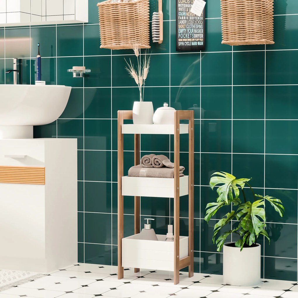 HOMCOM Dulapior Compact Baie, Raft Multifuncțional cu 3 Etajere, din MDF și Bambus, 27.5x20.8x74 cm, Alb | Aosom Romania