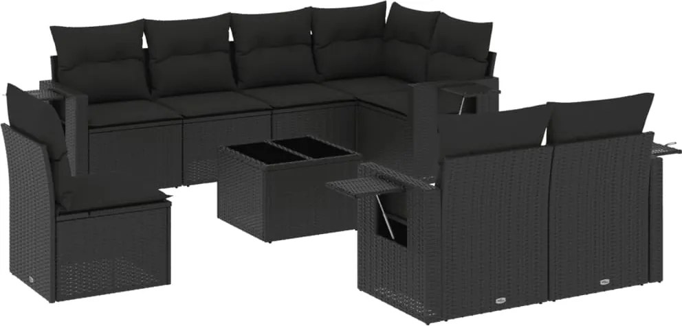 vidaXL Set mobilier de grădină cu perne, 9 piese, negru, poliratan