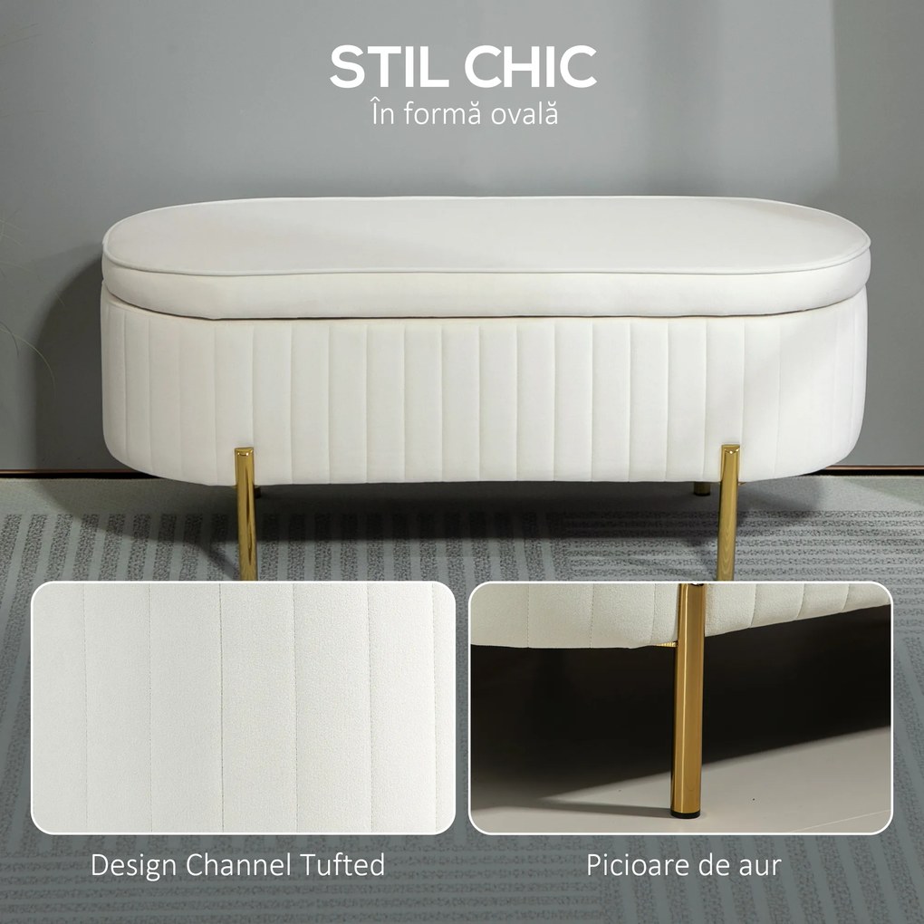 HOMCOM Bancă de Depozitare de Intrare Ovală 72L, Design Canelat cu Capac Rabatabil și Scaun Capitonat, Bancă de la Capătul Patului, Pouf, în Velur și cu Picioare din Lemn de Pin, 108x44x43.5 cm, Crem | Aosom Romania