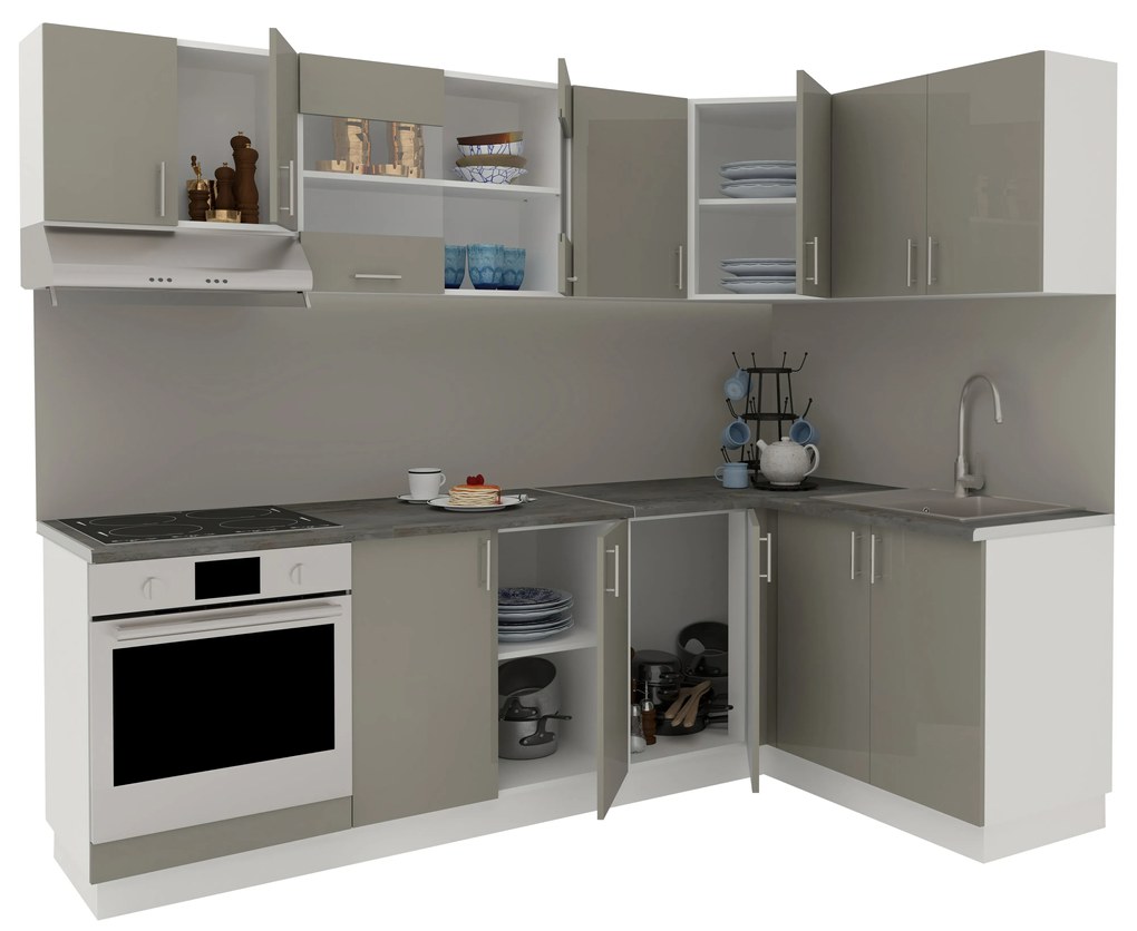 Set Bucatarie Colt Karo V34, Gri Lucios/Alb, MDF, Blat Thermo 28 mm, L 240 x 140 cm