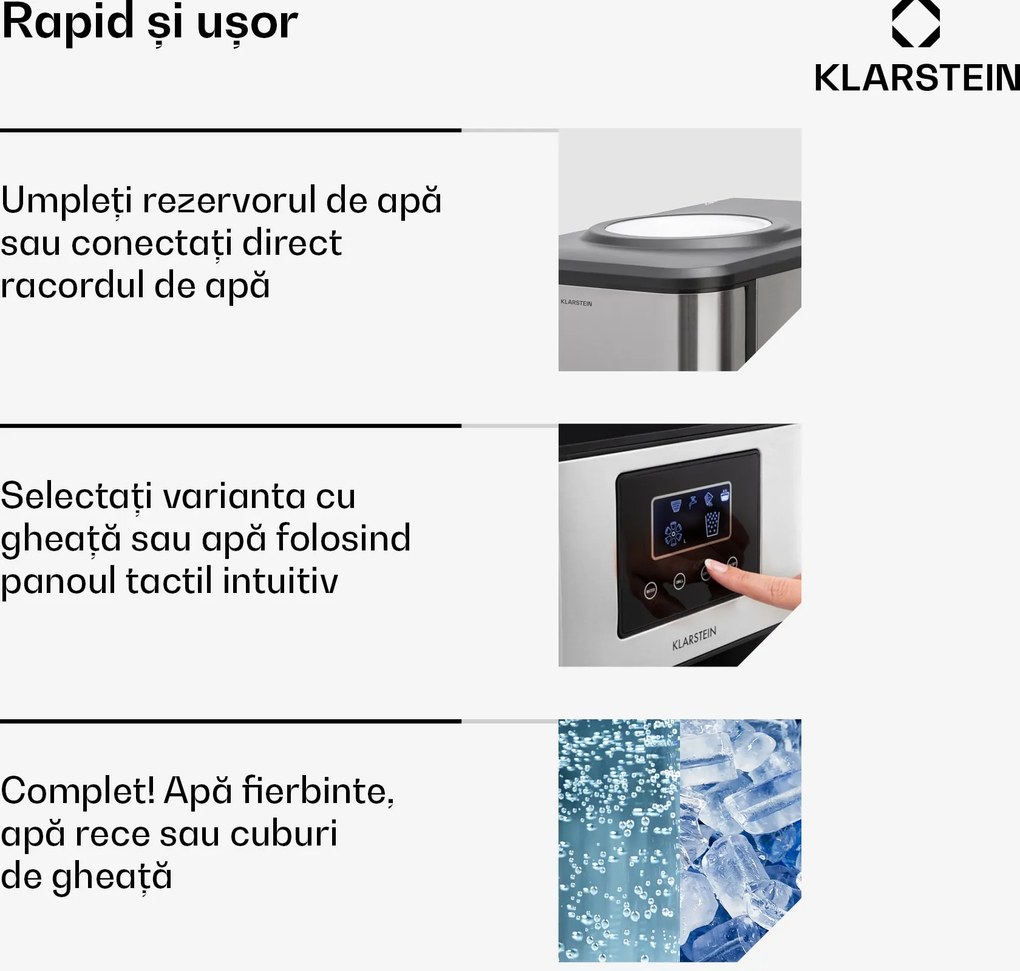Klarstein Aqueous aparat de gheață 3 în 1: cuburi de gheață, distribuitor de apă: caldă și rece 20 kg/24h