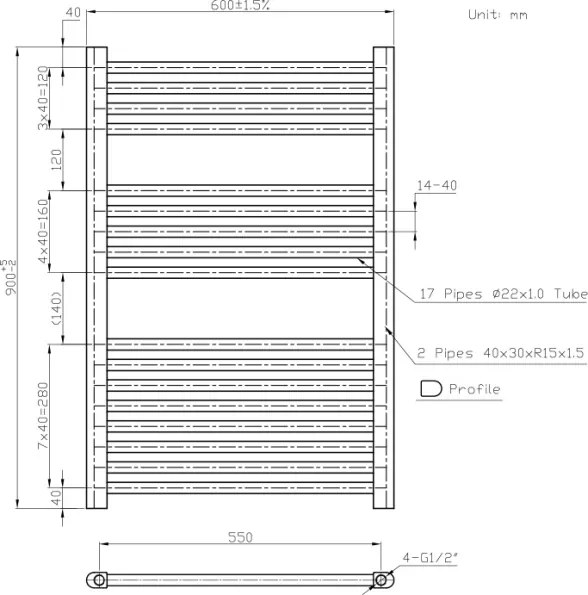 Novaservis - Radiator de baie tip scară, 90 x 60 cm, 478 W, 230 V, alb, drept