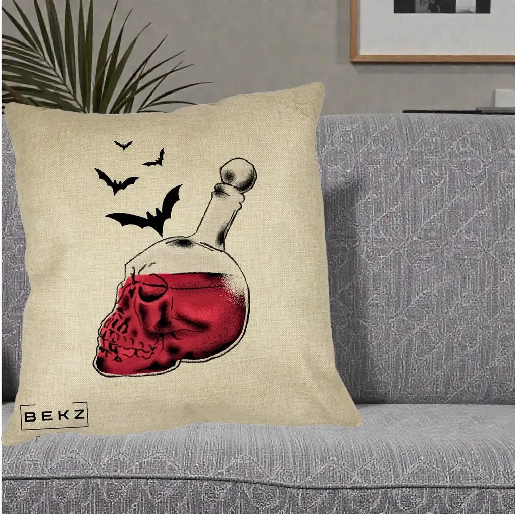 Perna Decorativa Halloween Craniu-Sticla cu Lilieci, 40x40 cm, Crem, Husa Detasabila, Perna Inclusa, BEKZ®