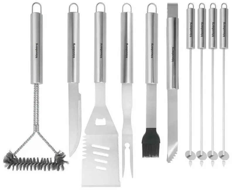 Set de 11 ustensile de grătar Klausberg KB 7901, Geantă de transport, Mânere ergonomice, Oțel inoxidabil, Inox