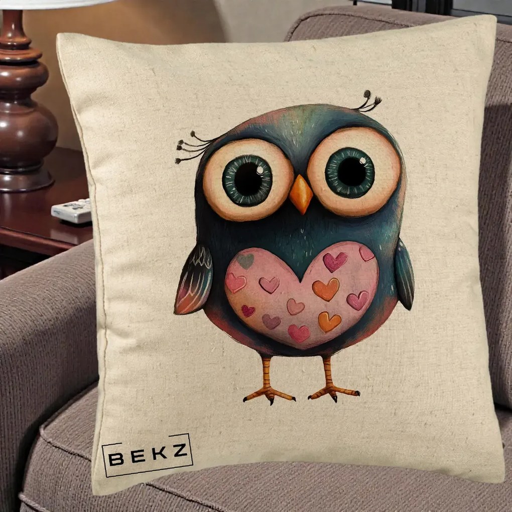 Perna Decorativa Bufnita cu Inimioare Roz, 40x40 cm, Bej, Husa Detasabila, Perna Inclusa, BEKZ®