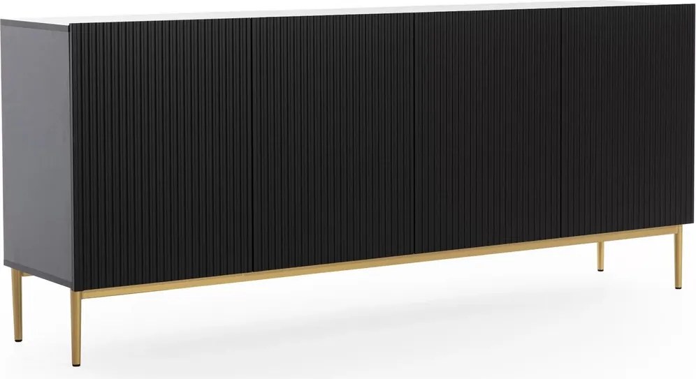 Comodă Nicole 200 cm cu patru uși, fronturi riflate - negru mat / picioare aurii