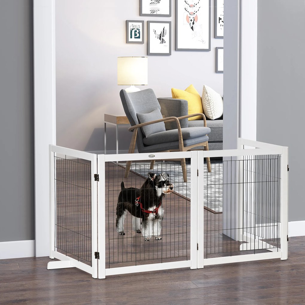 PawHut Poartă de protecție pentru câini cu picioare, 305 x 82 cm, lemn, pliabilă, pentru protecție la scări, uși, holuri, 4 panouri, Alb | Aosom Romania