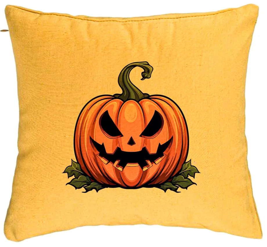 Perna Decorativa cu motiv Dovleac de Halloween 1, 40x40 cm, Galben, Husa Detasabila, Burduf