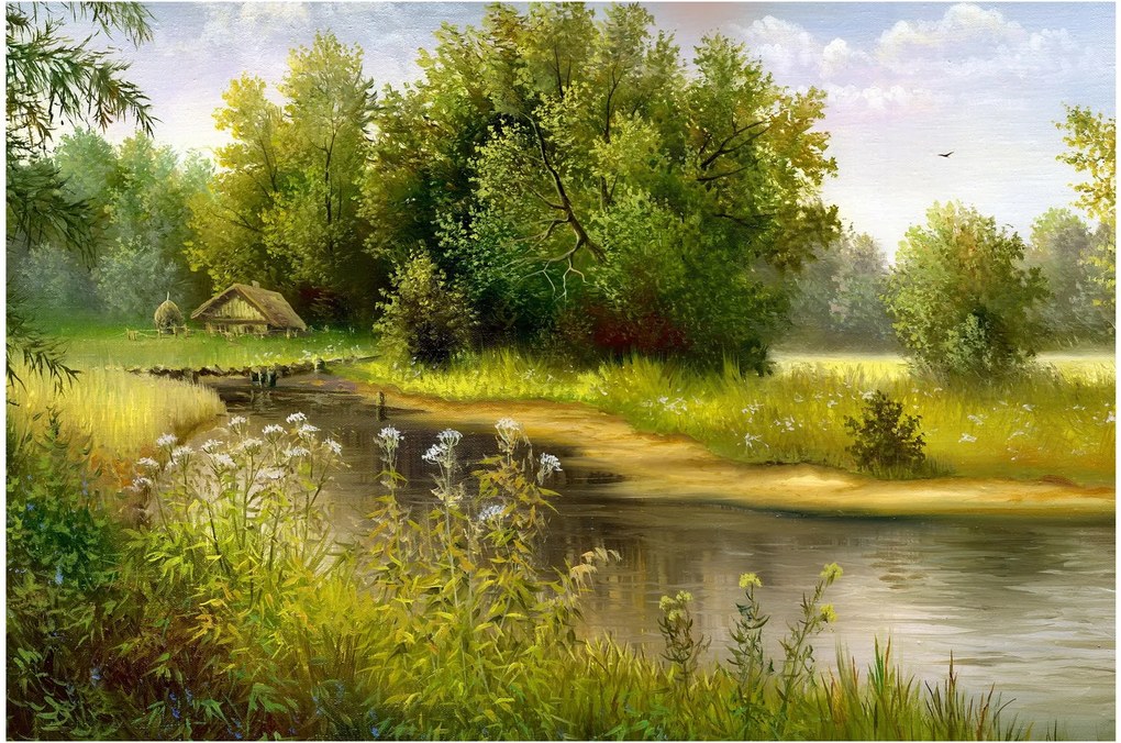 Tablou - Râu lângă pădure, pictură în ulei (90x60 cm)