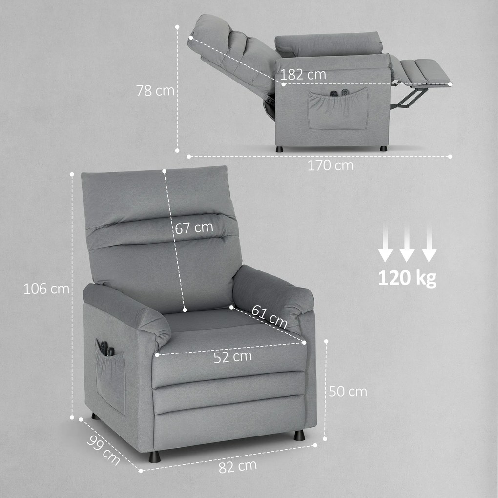 HOMCOM Fotoliu Relaxant Electric de Masaj și Încălzire cu Suport pentru Picioare, Silențios, Reclinabil 150° în Catifea Prietenoasă cu Animalele cu Funcție de Memorare, 2 Telecomenzi pentru Sufragerie, Gri | Aosom Romania
