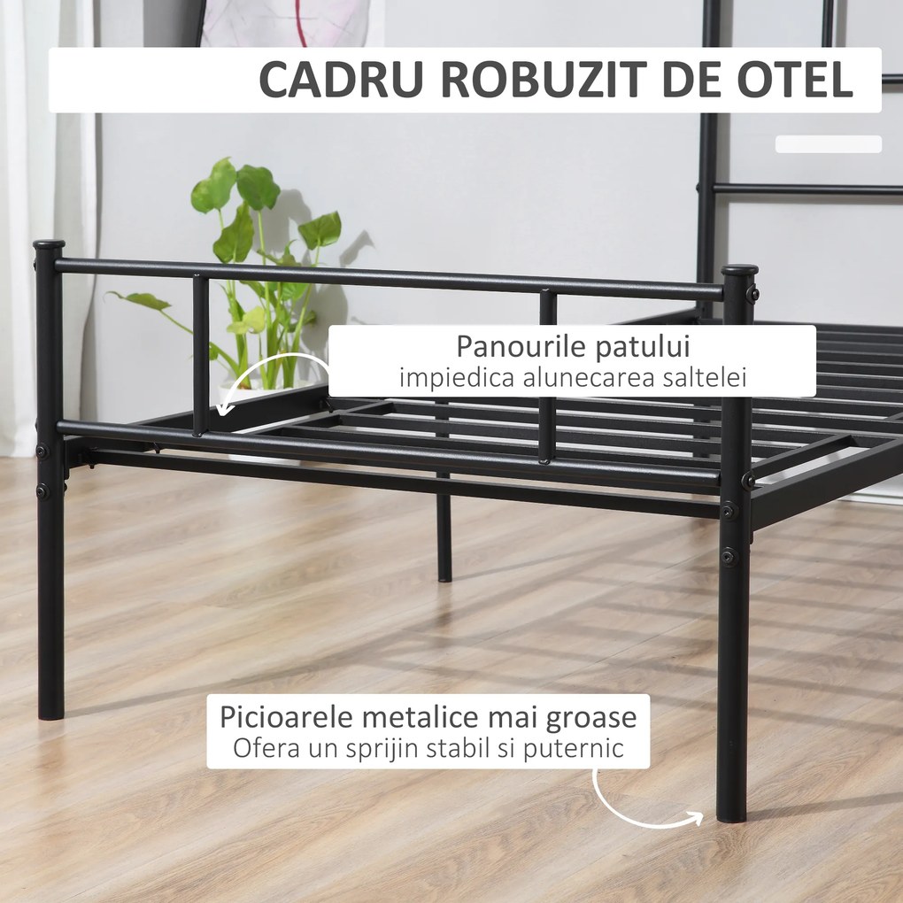 Cadru de Pat de o Persoana HOMCOM 90x200cm din Otel, Sipci Integrate, Negru | Aosom Romania