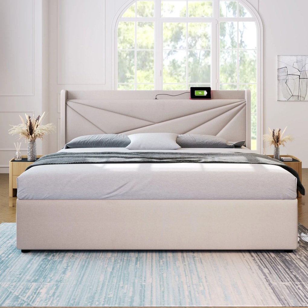 Pat dublu cu ladă de depozitare, funcție de încărcare USB Tip C, din bumbac și in, fără saltea, 160x200 cm, Bej