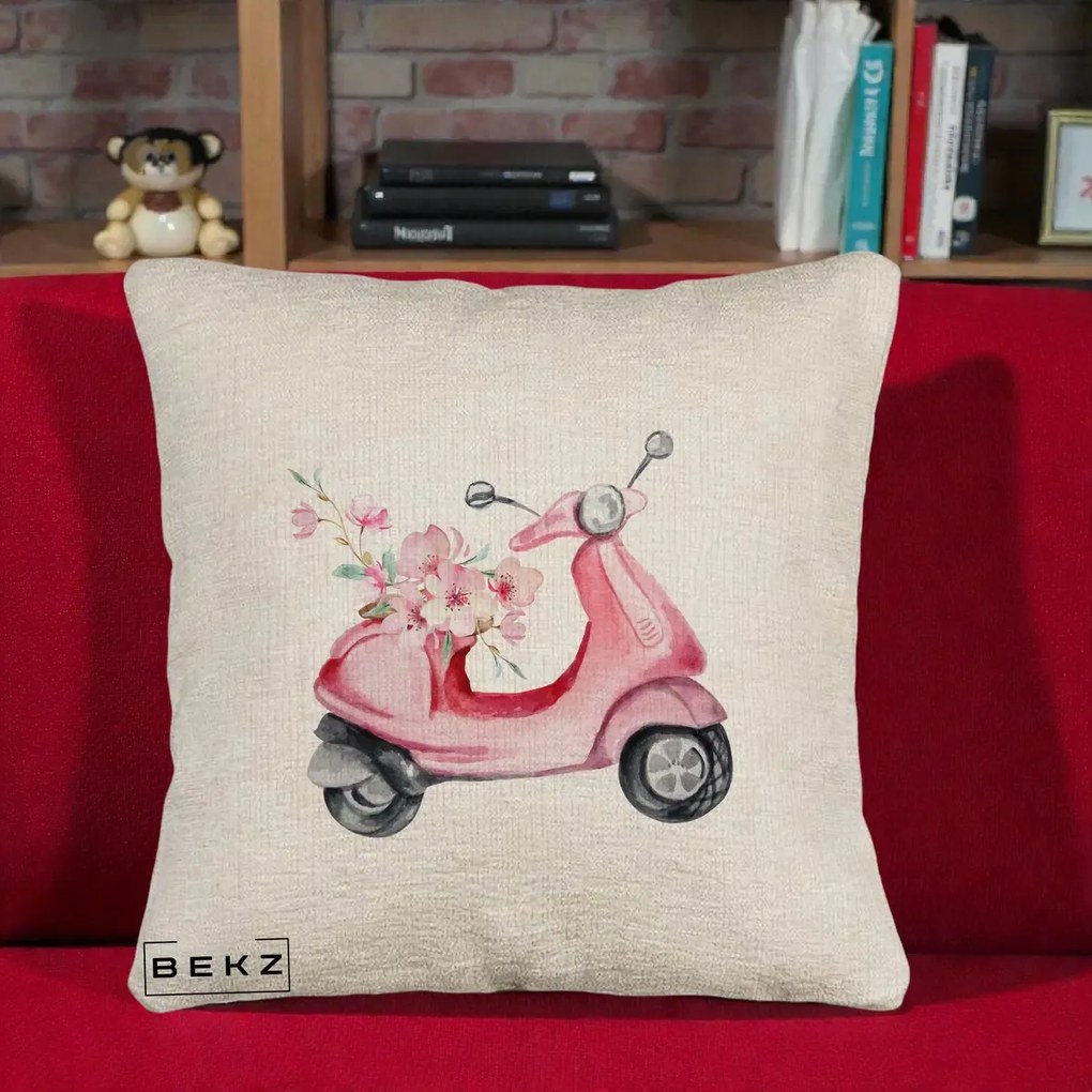 Perna Decorativa Scuter Roz cu Flori Acuarela, 40x40 cm, Bej Canapea, Husa Detasabila, Perna Inclusa, BEKZ®