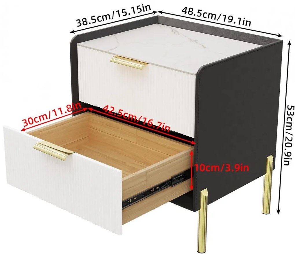 NOG3 - Set 2 Noptiere, 48 cm, cu 2 sertare pentru dormitor, Piele Ecologica si Riflaje - Gri- Alb - Auriu