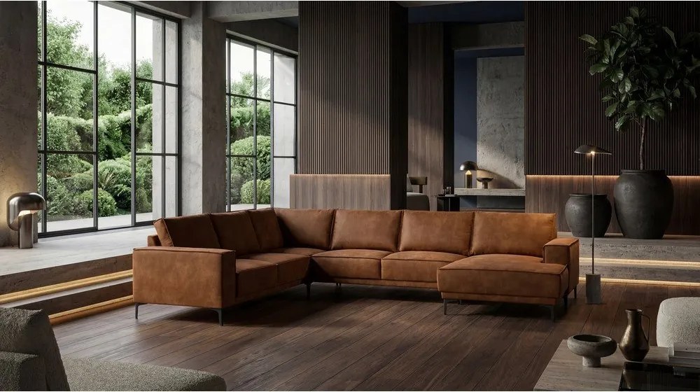 Colțar maro coniac cu tapițerie din imitație de piele (colț pe partea dreaptă/în formă de "U") Copenhagen – Scandic