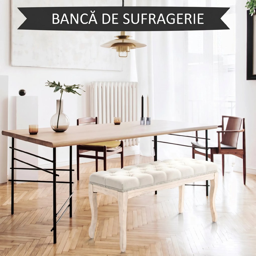 HOMCOM Bancă de Pat Vintage cu Butoni, Bancă Capitonată cu Picioare din Lemn, 110x40x48 cm, Bej | Aosom Romania