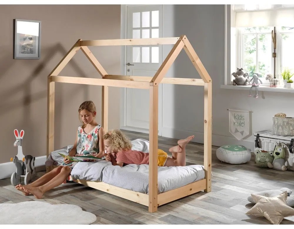 Pat în formă de casă pentru copii Vipack Cabane, 70 x 140 cm