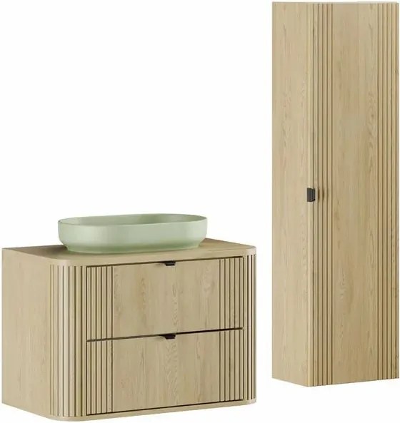 Set dulap baza suspendat 80 cm cu blat, lavoar si dulap coloana Comad Ovalia stejar Cremona
