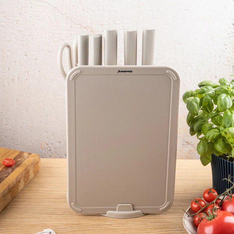 Set cuțite Klausberg KB 7978, 8 piese, Oțel inoxidabil, Suport, Suport hârtie de bucătărie, Bej