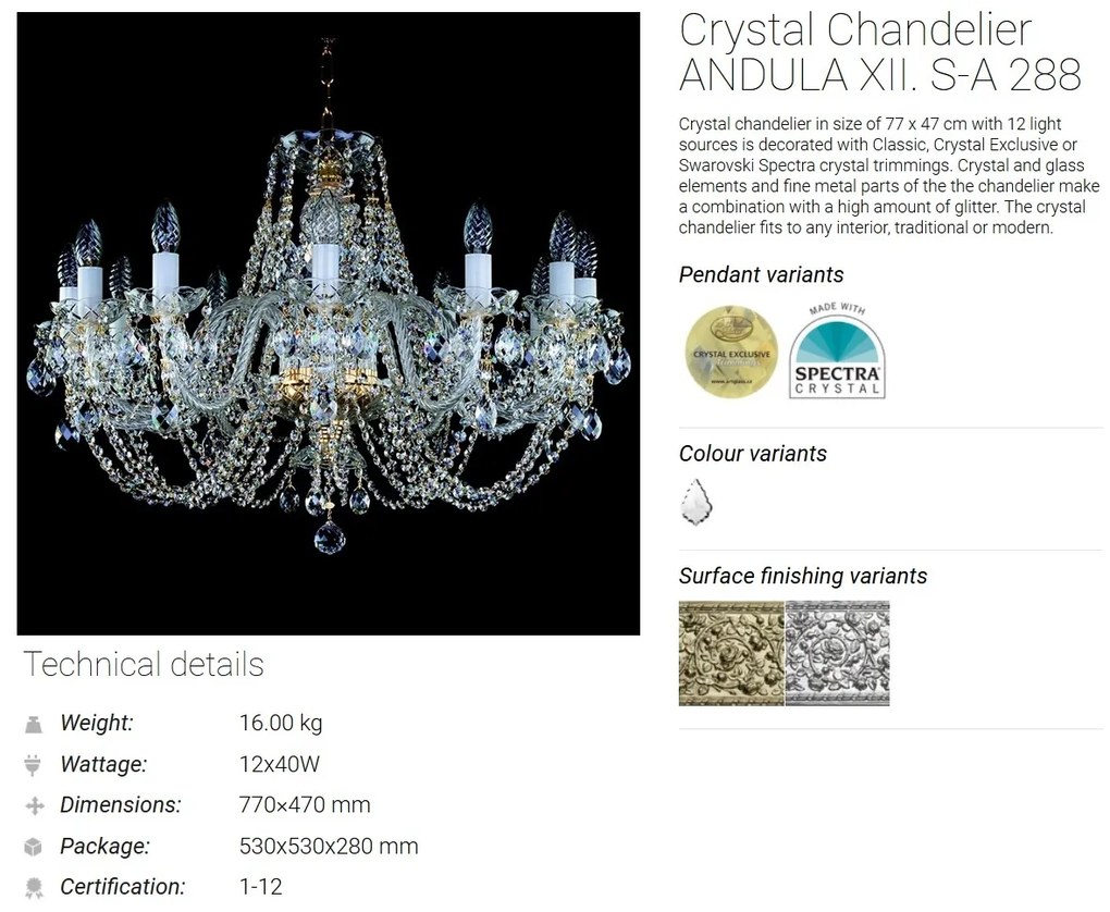 Candelabru cristal Bohemia 12 brate, diam.77cm ANDULA XII. S-A 280 CE